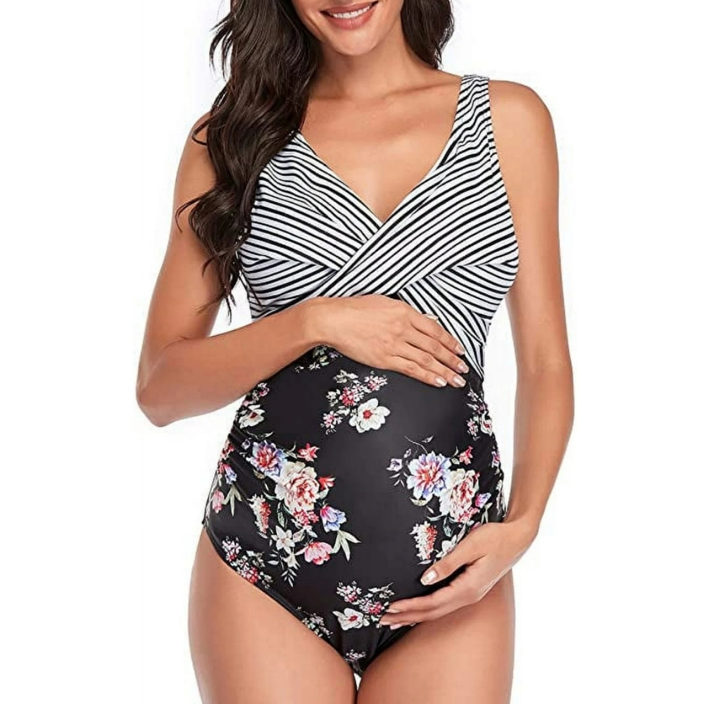 Maternity One Piece Swimsuit Striped Chest With Floral Body